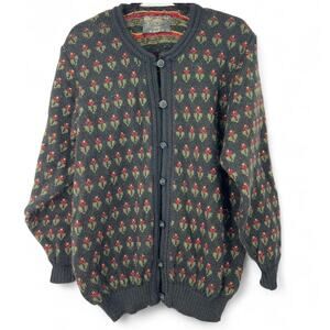Vintage Dark Gray Cardigan Sweater with Red and Green Floral Pattern